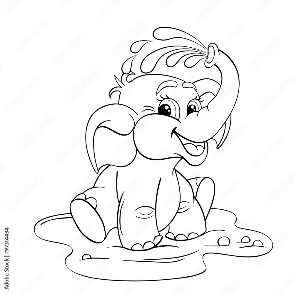 Funny cartoon baby elephant which pours himself with water. Black and white vector illustration for coloring book Stock Vector | Adobe Stock Funny cartoon baby elephant which pours himself with water. Black and white vector illustration for coloring book Stock Vector | Adobe Stock
