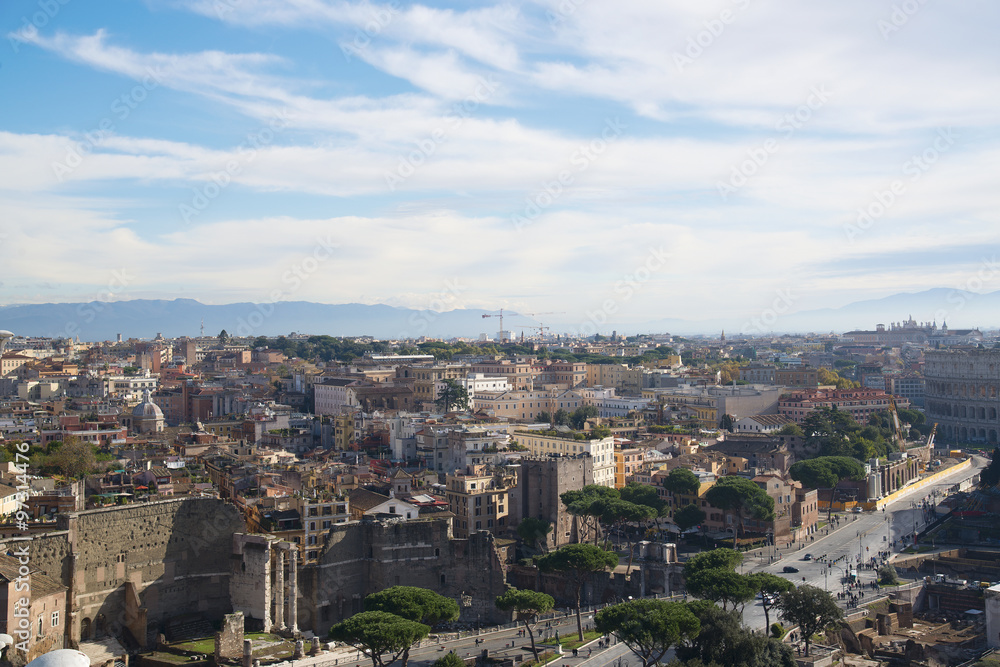 The view from the roof of the building to the streets of Rome, Italy.