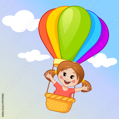 Cute little girl flying in a hot air balloon 