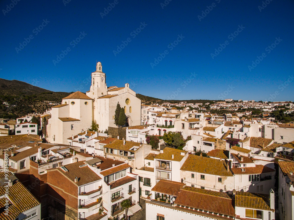 Panoramic aerial flying view of Cadaques, Spain