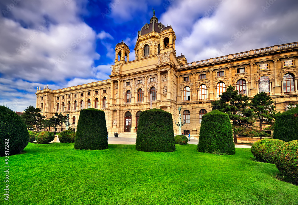 Beautiful view of famous Naturhistorisches Museum with park and sculpture in Vienna