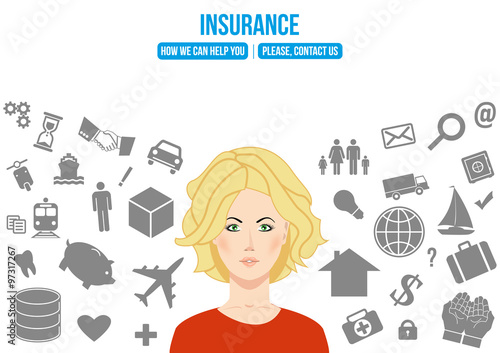 Complex insurance design concept composed of beautiful lady surrounded by signs symbolizing different insurance services: protection for family, savings, transport, cargo.Use for web and printed media