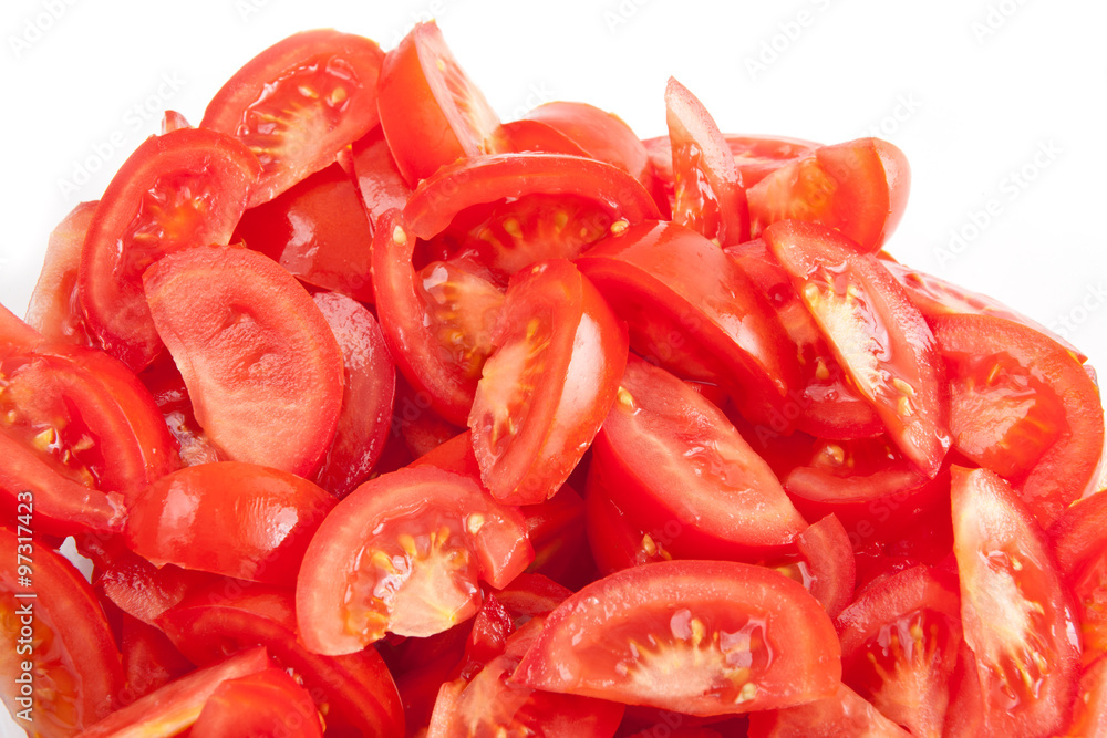 fresh ripe sliced tomatoes on white background