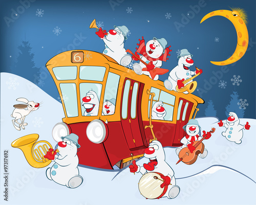 Illustration of a Christmas Snowman Music Band and a Red Tram
