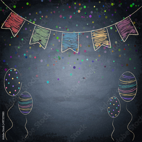 Chalkboard background with drawing bunting flags and balloons