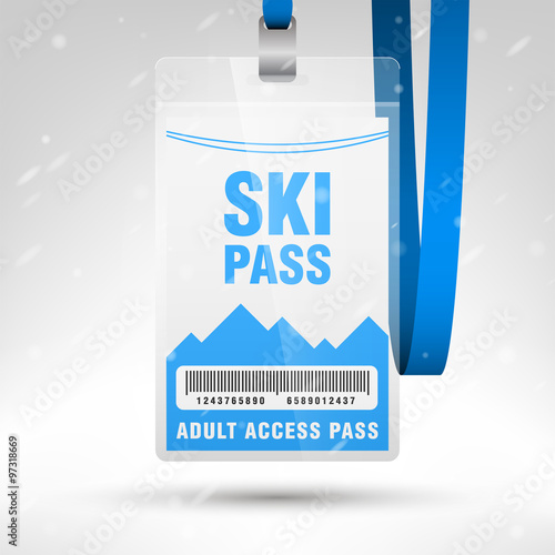 Ski pass vector illustration. Blank ski pass template with barcode in plastic holder with blue lanyard. Vertical layout.