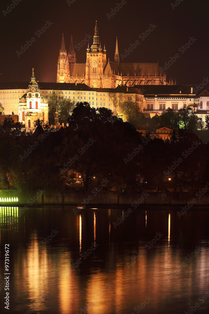 Winter night Prague City with Castle above River Vltava, Czech Republic