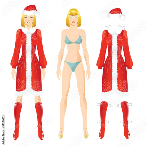 Doll with clothes. Body template. Set of template paper christmas suit. Pretty blond Santa girl in christmas costume isolated on white. Red coat with fur collar. Christmas cap