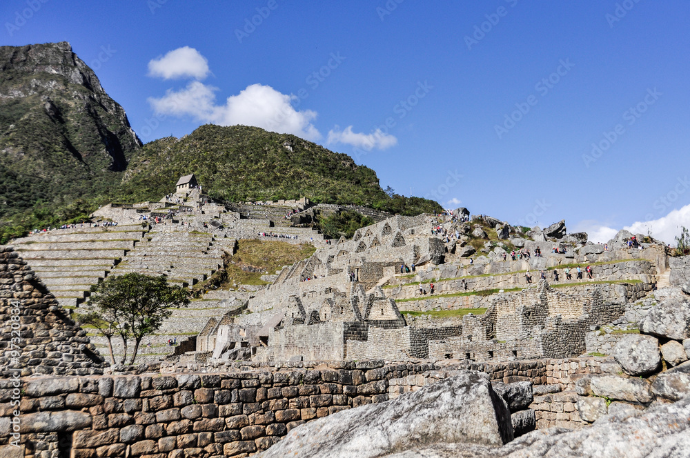 Ruins from below at Machu Picchu, the sacred city of Incas, Peru