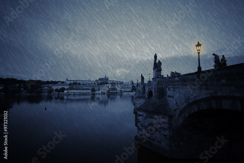 Old Prague skyline at rainy night
