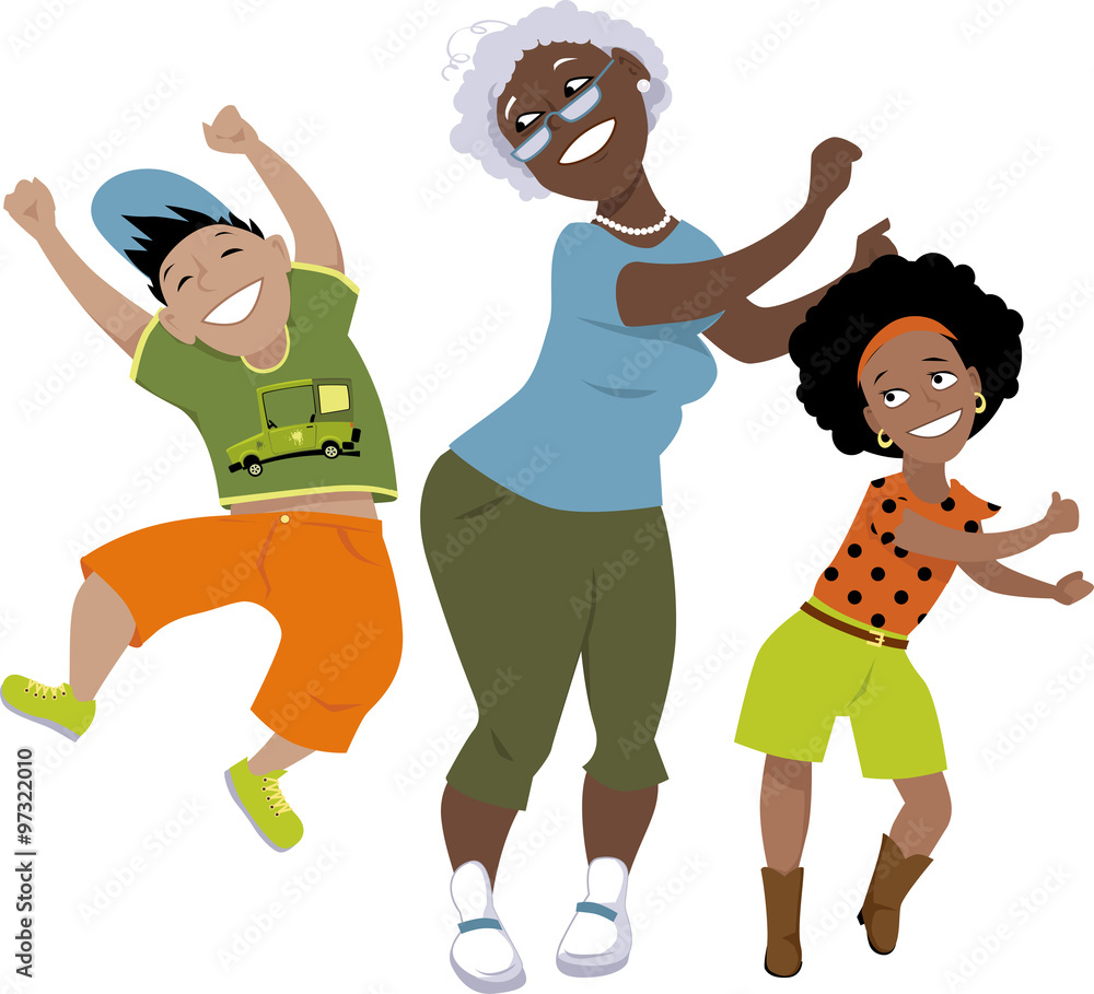 Senior black woman dancing with a little boy and a girl, EPS 8 vector illustration, no transparencies, isolated on white Senior black woman dancing with a little boy and a girl, EPS 8 vector illustration, no transparencies, isolated on white