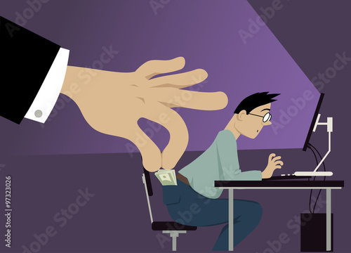 A huge hand attempting to steal money from a man's pocket, EPS 8 vector illustration, notransparencies