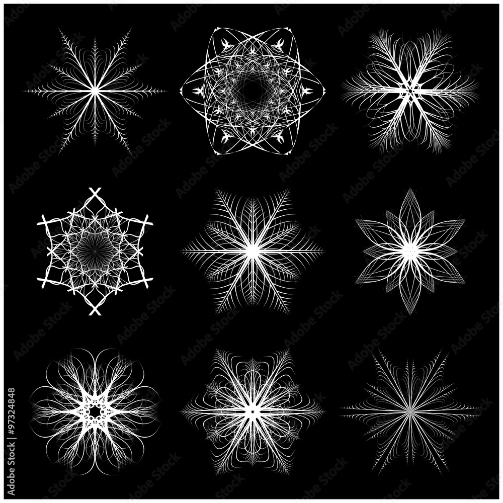 Christmas snowflake, frozen flake silhouette icon, symbol, design. Winter, crystal vector illustration isolated on the black background. Christmas snowflake, frozen flake silhouette icon, symbol, design. Winter, crystal vector illustration isolated on the black background.