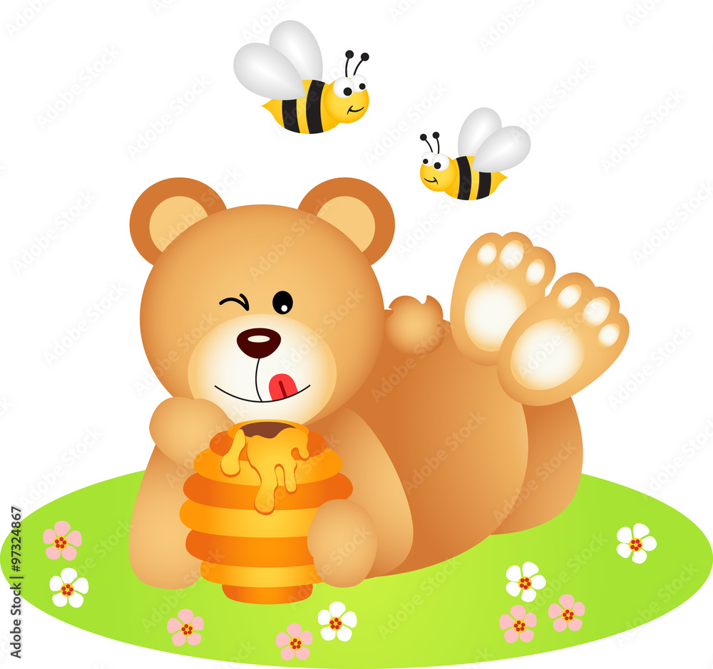 Obraz premium Teddy bear lying holding honey