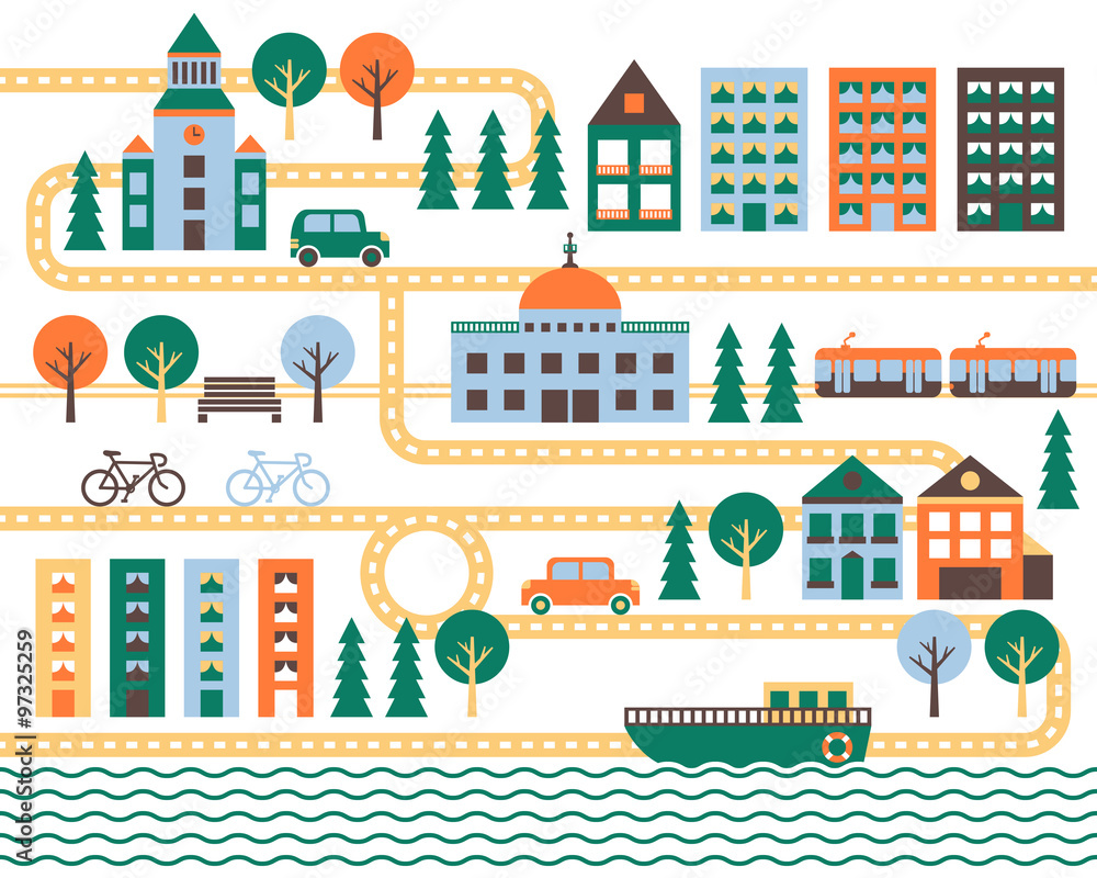City vector background with road. Minimalistic design. Yellow, orange, light blue and turquoise. City vector background with road. Minimalistic design. Yellow, orange, light blue and turquoise.