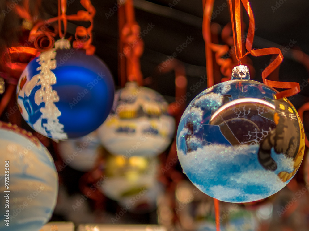 Beautiful Christmas baubles in a traditional Swiss Christmas mar