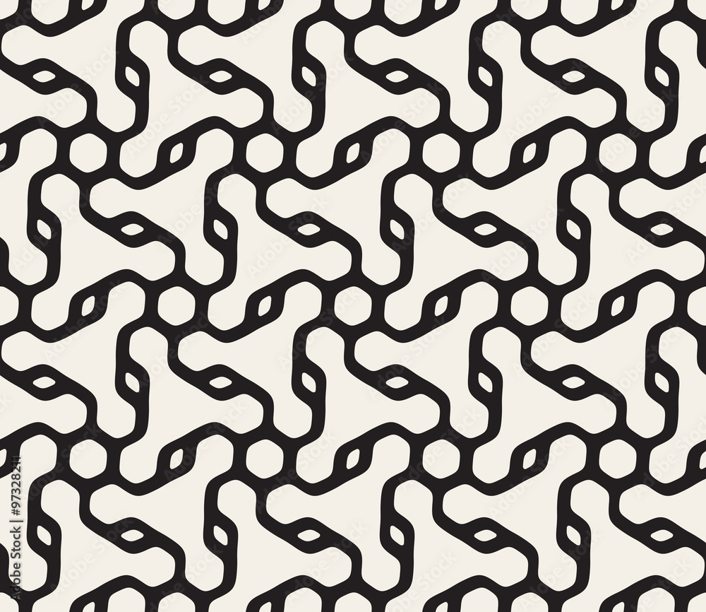 Vector Seamless Black and White Rounded Line Hexagonal Spiral Pattern