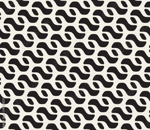 Vector Seamless Black and White Rounded Wavy Diagonal Line Lattice Pattern