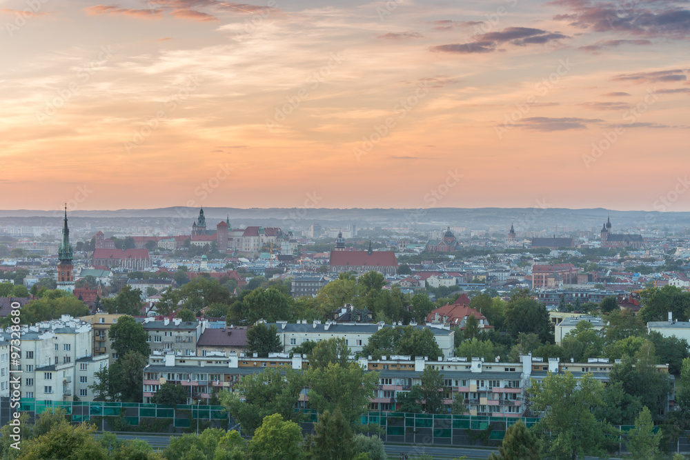 Evening panorama of Krakow old city, Poland, from Krakus Mound