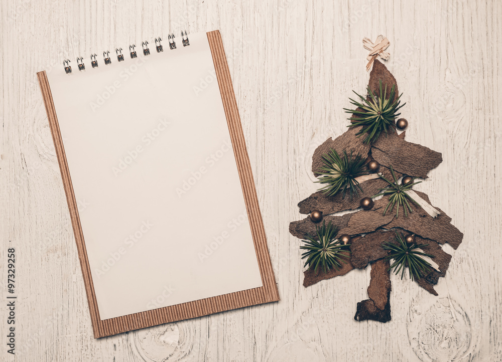 Christmas tree and blank notepaper