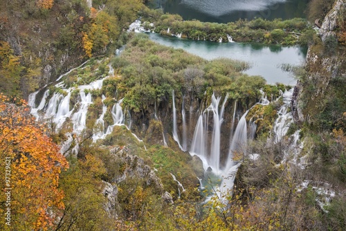 Waterfall at Plitvice Lakes National park in Autumn photo