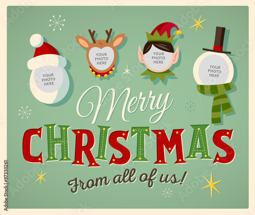 Family spirit Christmas card. Place your photos on christmas characters. Editable EPS10.