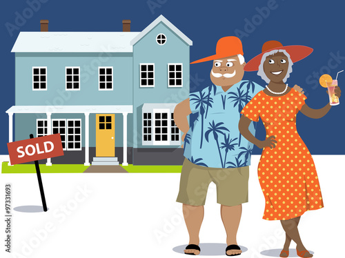 Senior couple standing in front of a house marked sold, EPS 8 vector illustration, no transparences