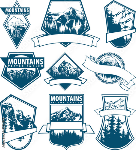 Vector mountain logo emblem set with type design