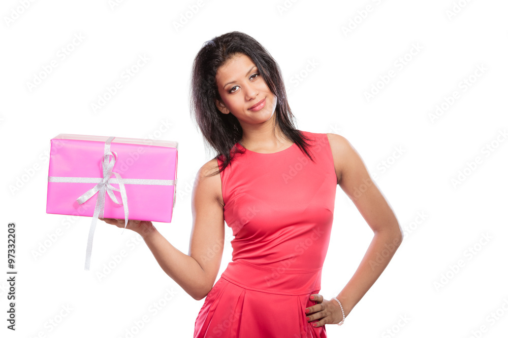 Pretty mixed race woman with box gift. Christmas Pretty mixed race woman with box gift. Christmas
