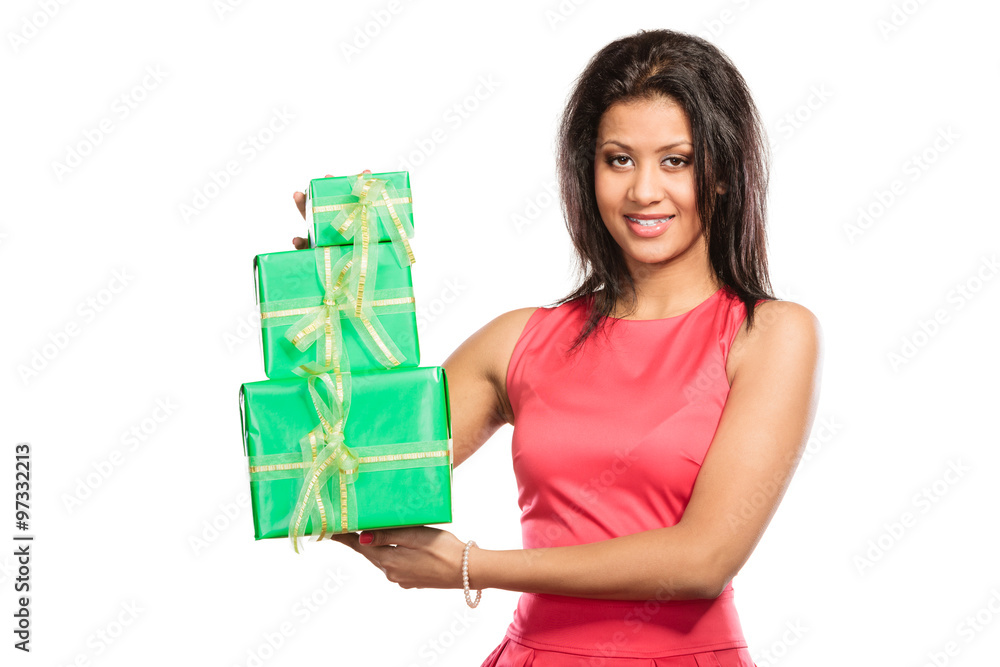 Pretty mixed race woman with boxes gifts. Birthday Pretty mixed race woman with boxes gifts. Birthday