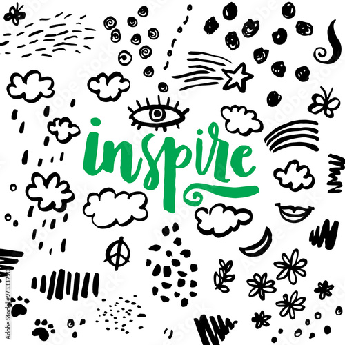 Inspire! Hand drawn calligraphic inspiration quote. Vector illustration.