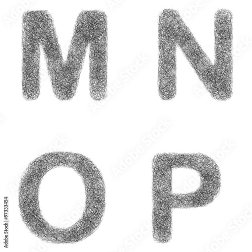 Furry sketch font set - letters M, N, O, P