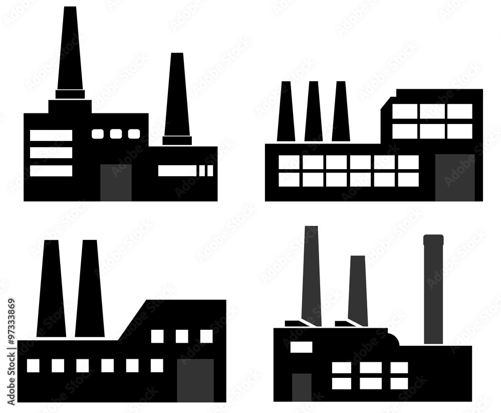 Obraz premium Usines de production industrielle en 4 icônes
