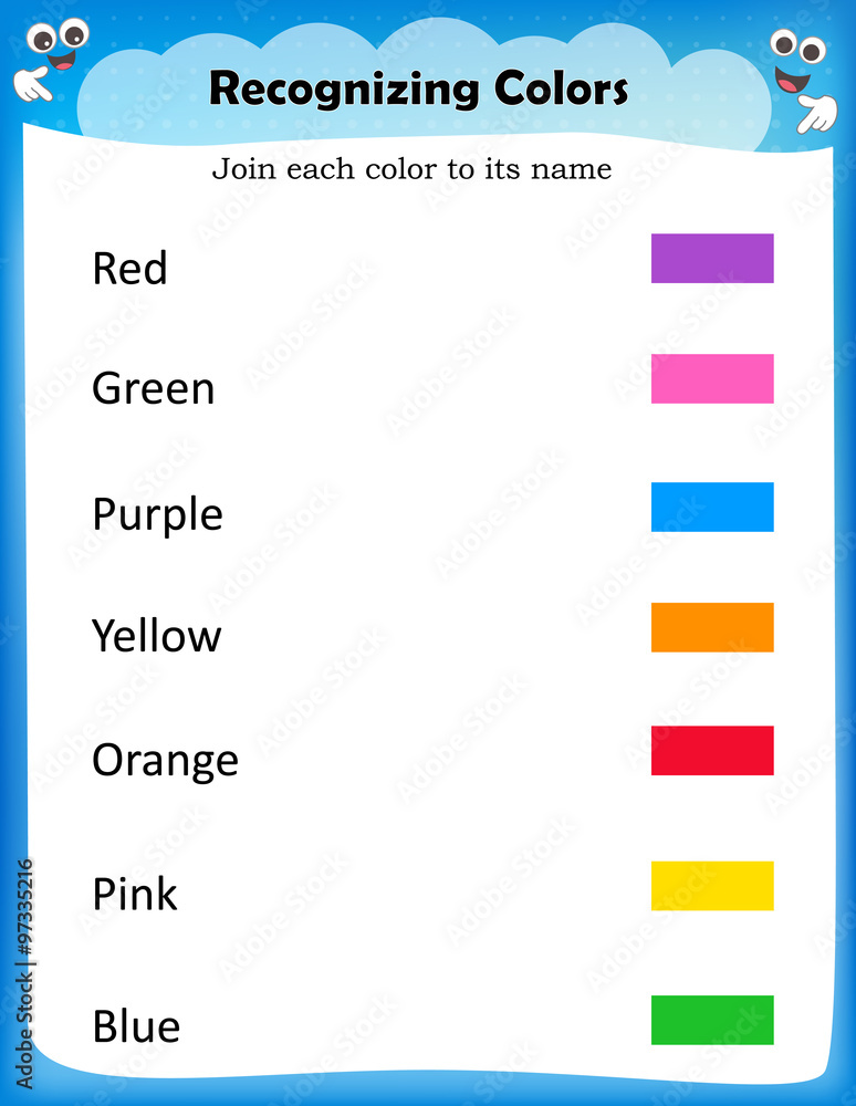 Recognizing Color Sign Recognizing colors worksheet Stock Vector | Adobe Stock