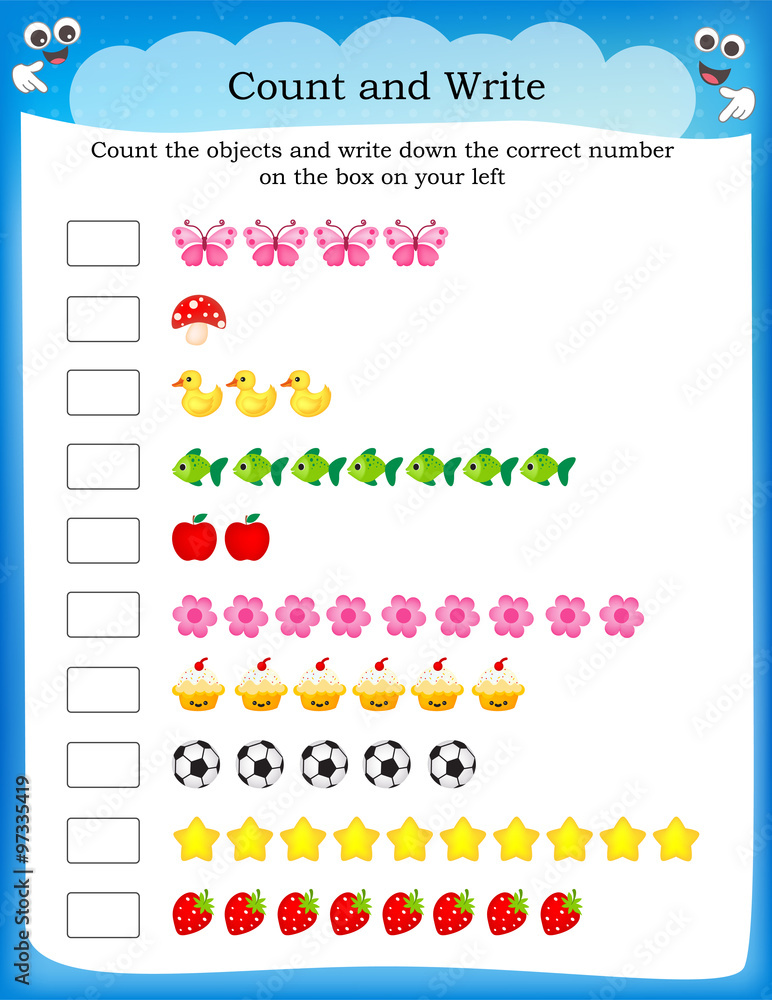Kids worksheet count and write Stock Vector | Adobe Stock