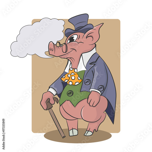 Cartoon old pig elegantly dressed in a smart tuxedo and the cylinder. Stands leaning on a cane. Near you see a cloud of thoughts. On nose wearing glasses. Vector illustration. Easy to edit.