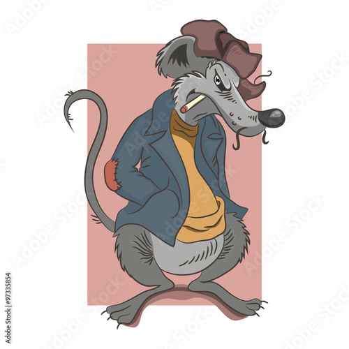 Cartoon rat dressed in a jacket and hat with earflaps. The rat hooligan. In his mouth holding a cigarette. Hands stuffed in his pockets.