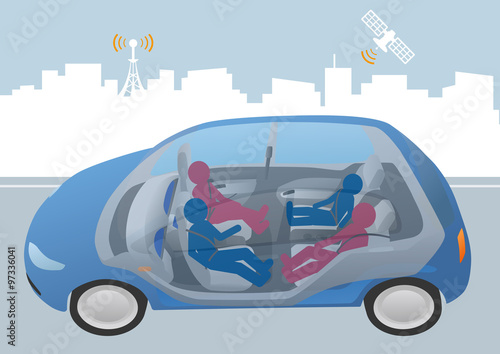 autonomous car seats that can tilt, swivel and slide, passengers silhouette, vector illustration