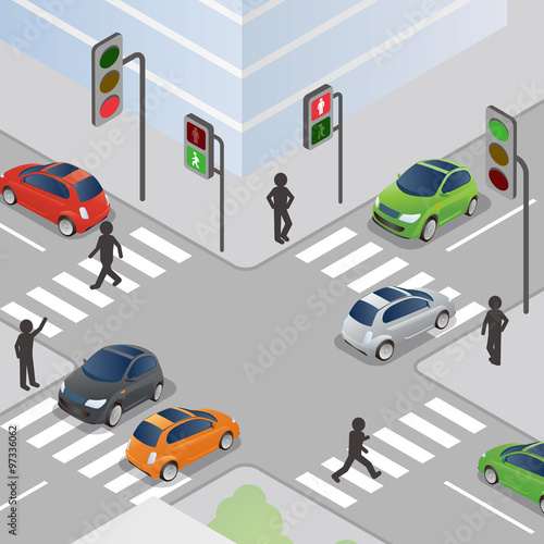 traffic lights and pedestrian lights, road signals, pedestrian silhouette, vector illustration