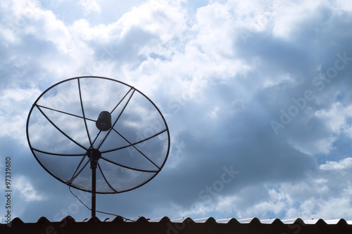 Satellite dish communication technology network on the roof in t