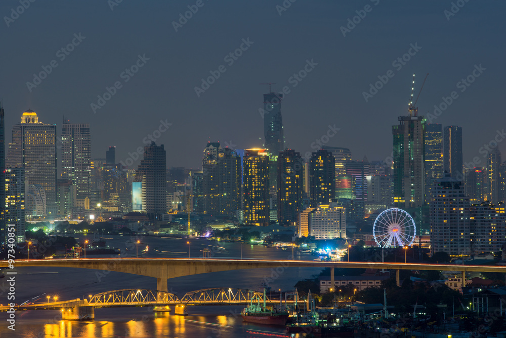 Bangkok cityscape from top view with river, Thailand