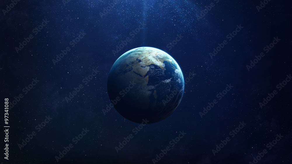 High Resolution Planet Earth view. The World Globe from Space in a star field showing the terrain and clouds. Elements of this image are furnished by NASA