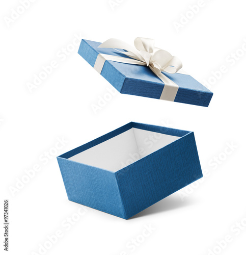 Blue open gift box with white bow isolated on white photo