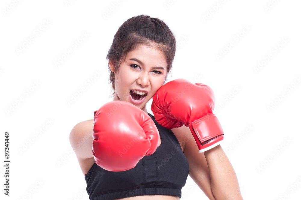 Boxer - fitness woman boxing wearing boxing gloves on white background. Boxer - fitness woman boxing wearing boxing gloves on white background.