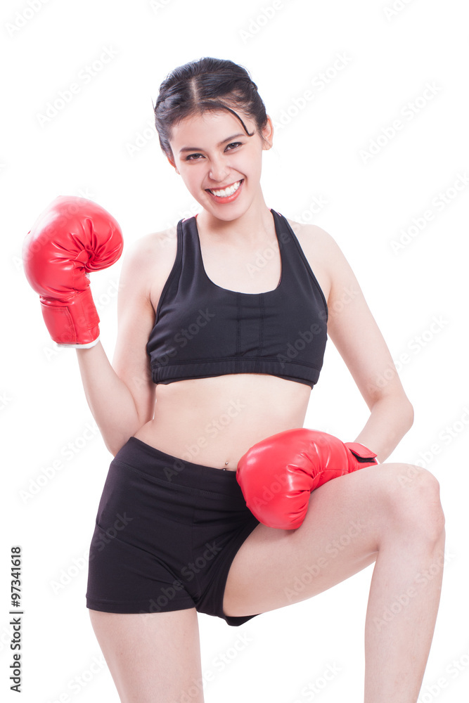 Boxer woman. Boxing fitness woman smiling happy wearing red boxing gloves on white background. Boxer woman. Boxing fitness woman smiling happy wearing red boxing gloves on white background.