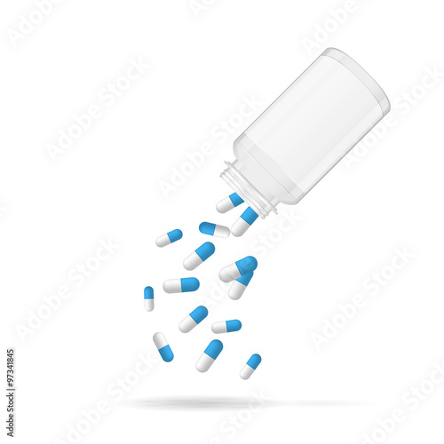 Opened medical pill box with falling pills