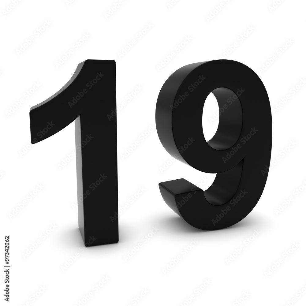 Black 3D Number Nineteen Isolated on white with shadows Black 3D Number Nineteen Isolated on white with shadows