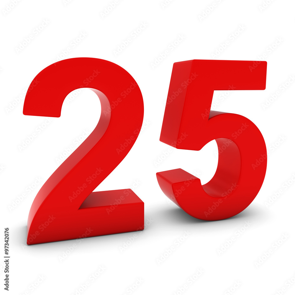 Red 3D Number Twenty Five Isolated on white with shadows Red 3D Number Twenty Five Isolated on white with shadows