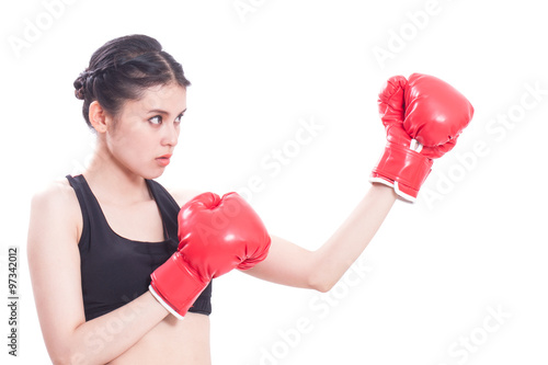 Boxer - fitness woman boxing wearing boxing gloves on white background.