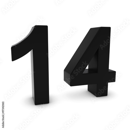 Black 3D Number Fourteen Isolated on white with shadows photo
